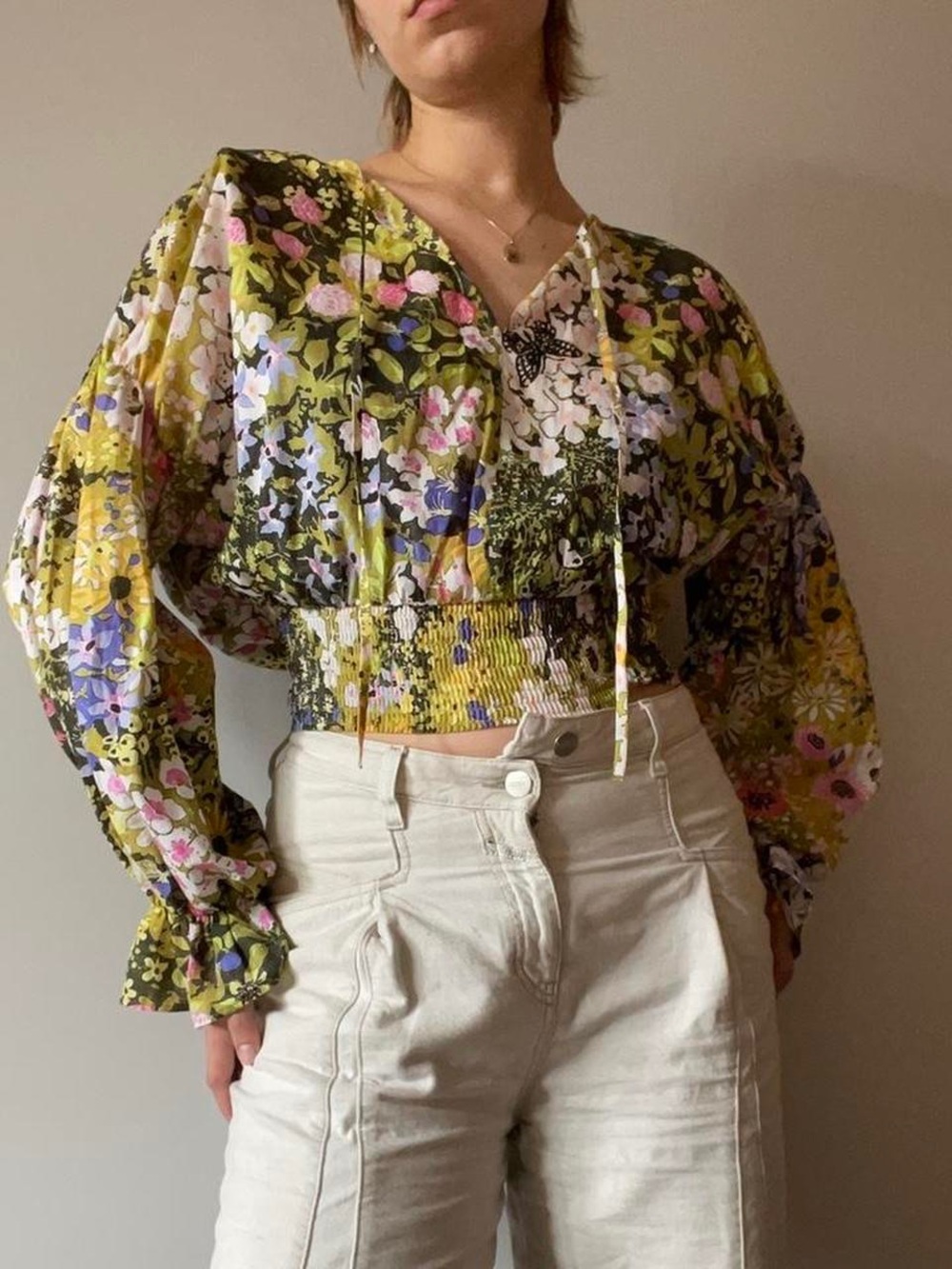 Boho Floral Tie-Front Cropped Blouse in Yellow-Pink